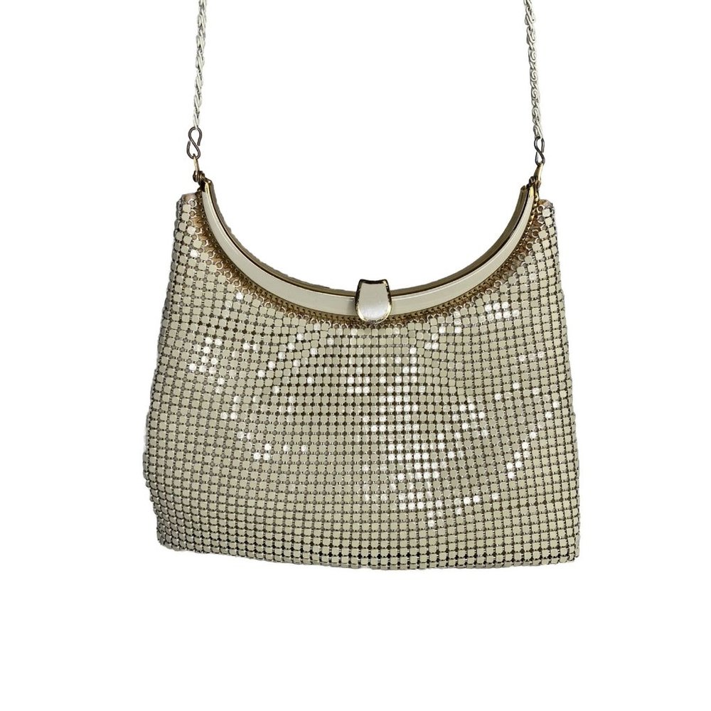 Vintage Cream Mesh Metal Purse Cross Body Strap Metal By Jayao California See